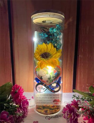 Cúpula de cristal con girasol preservado y luces LED sobre base de madera